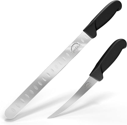 SPITJACK Smoked BBQ 6 Inch Curved Beef Brisket Trimming and Boning Knife and 11" Meat Slicing Knife Bundle. Stainless Steel.