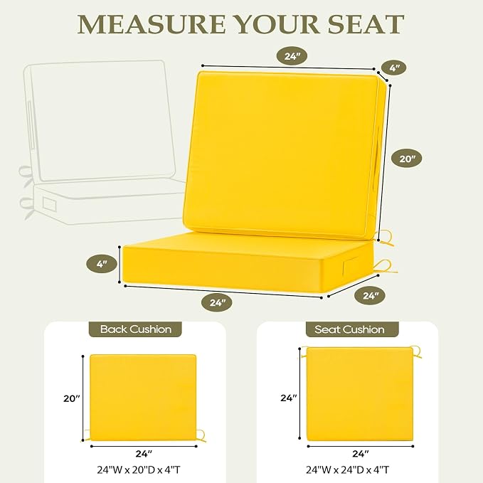 Wellsin Outdoor Deep Seat Patio Cushions, 24 x 24 Waterproof & 3-Year Fade Resistant Outdoor Cushions with Removable Covers,Ties and Handle for Chair, Sofa, Couch, Yellow