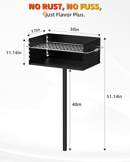 Charcoal Grill, Park Style Charcoal Grill, 30" x 17" Heavy Duty BBQ Grill Charcoal, Adjustable Single Post Barbeque Grill for Camping, Outdoor Cooking, Backyard, Patio, Camp Grilling Barbecues Cookout