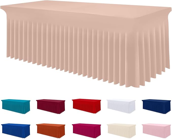 Smiry Spandex Elastic Fitted Table Cloth Skirt for 8FT Rectangle Table | Stretch Washable Table Cloth, Banquet Table Cover for Wedding, Party, Indoor & Trade Shows, (Nude, 96Lx30Wx30H)