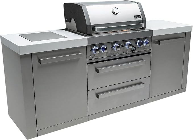 Mont Alpi Premium Stainless Steel 82"W x 23"D Modular Outdoor Kitchen Island with Infrared Side Burner + 32"W 4-Burner BBQ Grill + Rotisserie Burner + Granite Countertops + Storage Cabinets + Drawers