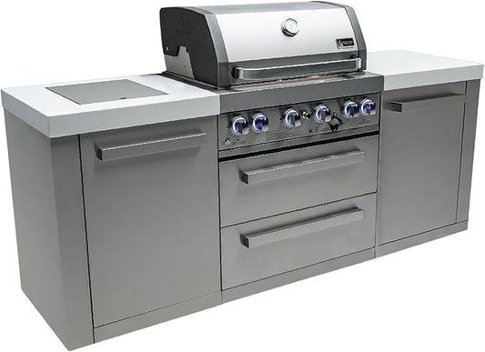 Mont Alpi Premium 82"W x 23"D Stainless Steel Modular Outdoor Kitchen Island with Infrared Side and Rear Burners + 32"W 4-Burner BBQ Gas Grill + White Granite Countertops + Storage Cabinets + Drawers