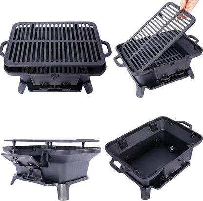 Grill Outdoor, Portable Charcoal Grill and Tabletop Cast Iron Skillet - 100% Cast Iron, Enameled, Durable for Camping, Tailgating, Picnics & Hunting (Oval)