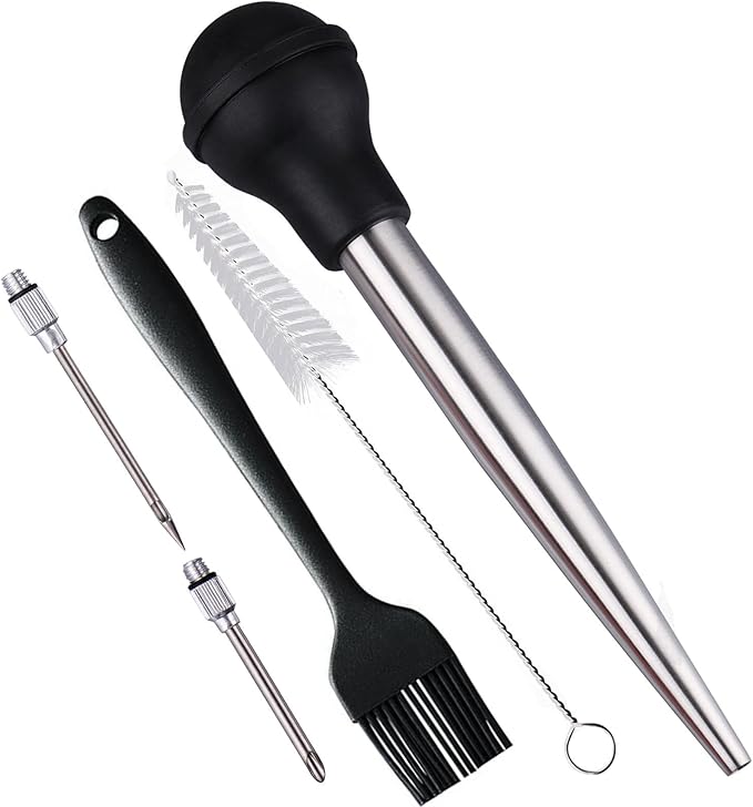 Turkey Baster, Stainless Steel Turkey Baster, Baster Syringe Meat Injector Baster Set with 2 Needles&2 Cleaning Basting Brush, Baster for Flavor Meat Poultry, Beef&Chicken Cooking Black