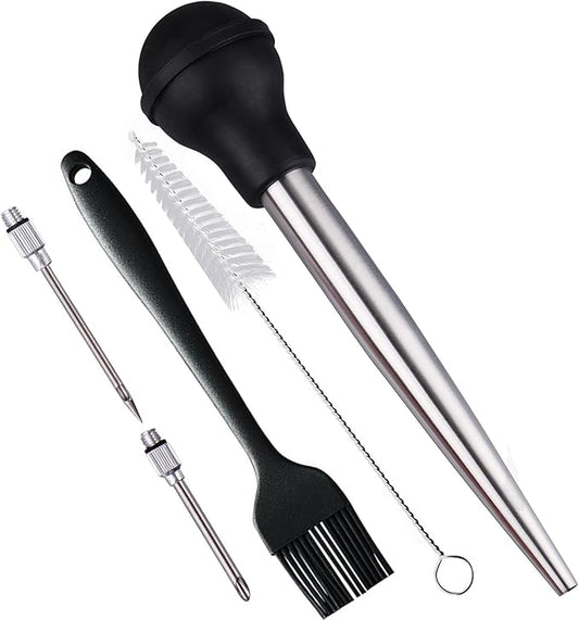Turkey Baster, Baster Syringe for Cooking, Baster with Cleaning Brush &BBQ Brush&Marinade Needles, Stainless Steel Turkey Baster with Silicone Bulb, Baster for Home Baking&Kitchen Black