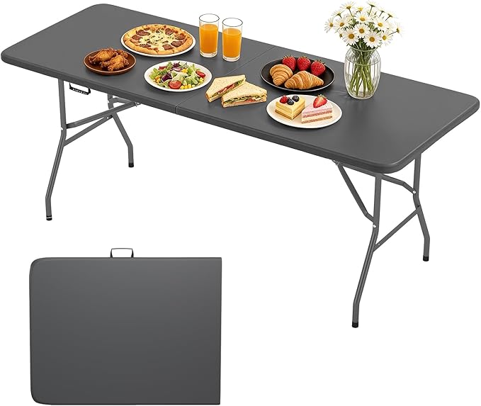 BestOffice 6 FT Picnic Table, Portable Plastic Folding Table with Carrying Handle Perfect for Picnics, Parties, Party and Camping, Grey