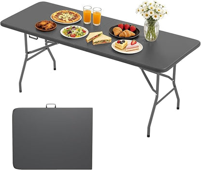 BestOffice 6 FT Picnic Table, Portable Plastic Folding Table with Carrying Handle Perfect for Picnics, Parties, Party and Camping, Grey