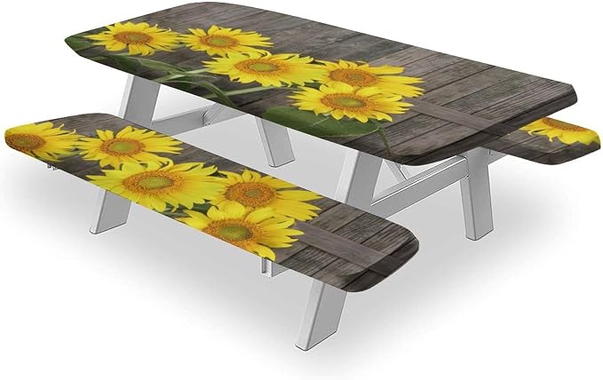 Sunflowers Picnic Bench Fitted Table Cover, Brown Yellow Helianthus Against Weathered Aged Fence Table Cloth, 28x72 Inch, 3 Piece Set, for Picnics Indoor and Outdoor Dining Decor