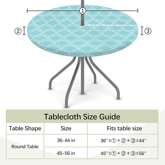 Fitted Round Tablecloth with Umbrella Hole and Zipper Aqua Blue Moroccan Outdoor Elastic Table Cloth 45"-56" Oil-Proof Waterproof Patio Table Cover for Dining Picnic Party