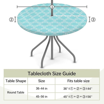 Fitted Round Tablecloth with Umbrella Hole and Zipper Aqua Blue Moroccan Outdoor Elastic Table Cloth 45"-56" Oil-Proof Waterproof Patio Table Cover for Dining Picnic Party