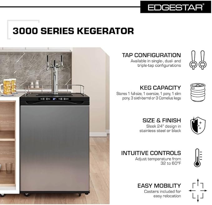 EdgeStar KC3000SSTWIN Full Size Dual Tap Kegerator with Digital Display - Black and Stainless Steel