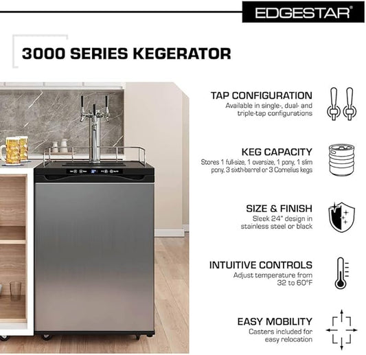 EdgeStar KC3000SSTWIN Full Size Dual Tap Kegerator with Digital Display - Black and Stainless Steel