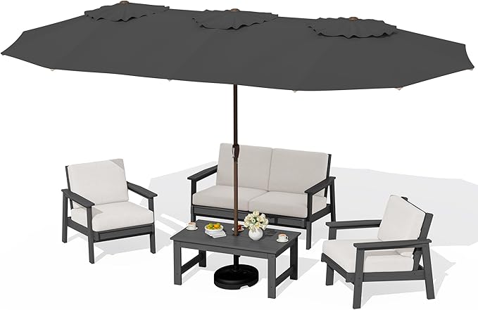 SERWALL HDPE Patio Furniture Set with 15FT Double Side Patio Umbrella, All Weather Wood-Like Outdoor Sofa Sectional Couch, Grey Patio Furniture with Khaki Cushions