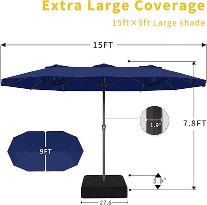 Kingdura 15ft Large Patio Umbrella with Base Included, Double-Sided Rectangle Outdoor Table Umbrella with 12 Reinforced Ribs, Crank Lift for Market Pool Deck Backyard, Navy blue