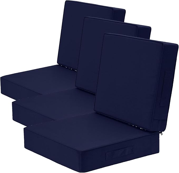 Wellsin Outdoor Deep Seat Patio Cushions, 24 x 24 Waterproof & 3-Year Fade Resistant Outdoor Cushions with Removable Covers,Ties and Handle for Chair, Sofa, Couch, Navy (Pack of 3)