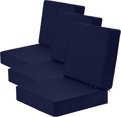 Wellsin Outdoor Deep Seat Patio Cushions, 24 x 24 Waterproof & 3-Year Fade Resistant Outdoor Cushions with Removable Covers,Ties and Handle for Chair, Sofa, Couch, Navy (Pack of 3)