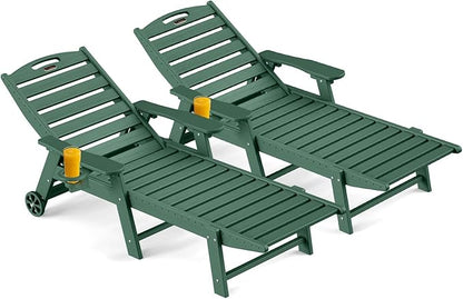 Ciokea Outdoor Chaise Lounge Chair Set of 2, Patio Lounge Chairs for Outside, HDPE Lounge Chair with Wheels & Cup Holder, Poly Chair with 5 Position for Poolside, Deck, Green