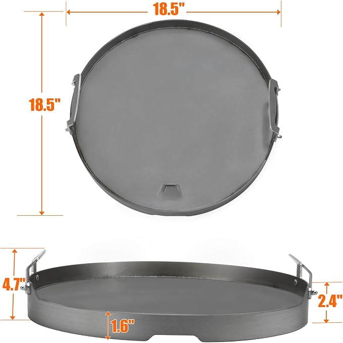 Skyflame Round Griddle, 18.5" Flat Top Griddle Insert | Grease Drain, Handle, Compatible with Kamado Joe Classic, Compatible with Large Big Green Egg