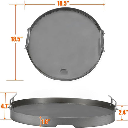 Skyflame Round Griddle, 18.5" Flat Top Griddle Insert | Grease Drain, Handle, Compatible with Kamado Joe Classic, Compatible with Large Big Green Egg