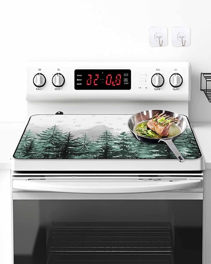 Stove Top Covers for Electric Stove 36x21 Inches, Forest Christmas Tree HeatResistant Glass Cooktop Protector, Green Xmas Snowflake Misty Winter Ceramic Stovetop Countertop Covers Mat, Oven Cover