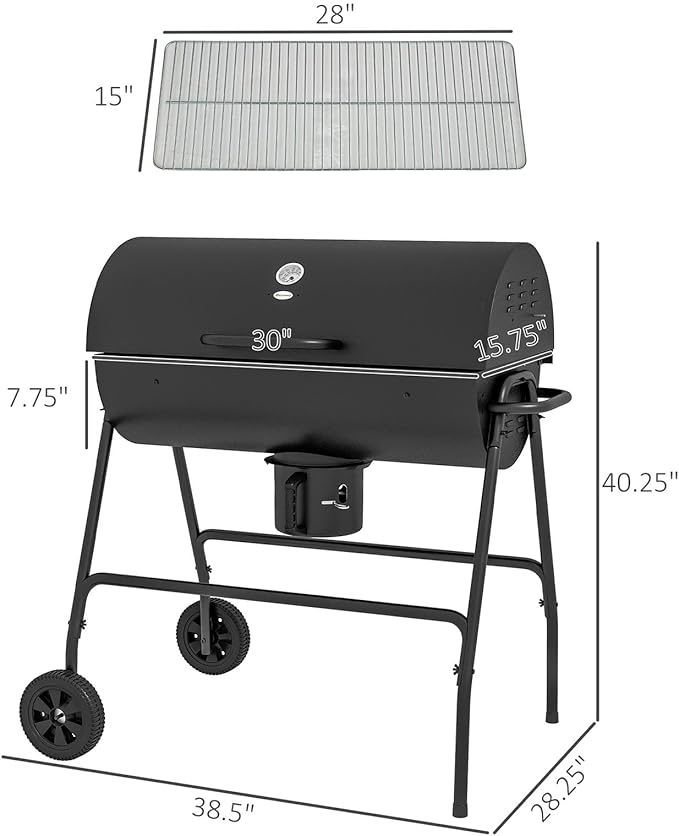 Barrel Charcoal BBQ Grill with Wheels, 420 sq.in. Cooking Area, Built-In Thermometer & Ash Catcher for Patio Picnics & Backyard Parties