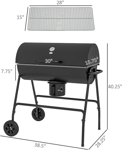 Barrel Charcoal BBQ Grill with Wheels, 420 sq.in. Cooking Area, Built-In Thermometer & Ash Catcher for Patio Picnics & Backyard Parties