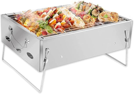 Small Charcoal Barbecue Grill, Stainless Steel Portable Folding BBQ Grill with Net Tongs, Desk Tabletop Smoker BBQ, for 2-5 People, 36 x 26 x 17 cm for Home Outdoor Picnic