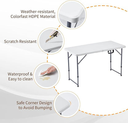 BOOSDEN 4 Foot Folding Table, Portable Rectangle Card Table, Indoor Outdoor Plastic Fold-in-Half Utility Table with Carrying Handle, Adjustable Height Foldable Tables for Picnic,Party,Camping,Office
