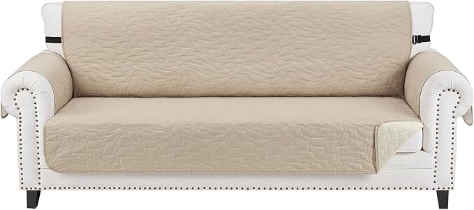 CUCRAF Non Slip Quilted Sofa Cover, Water Resistant Slipcover Furniture Protector for 3 Cushion Sofa Pet Friendly, Washable Couch Cover with Adjustable Elastic Straps (Large, Beige)