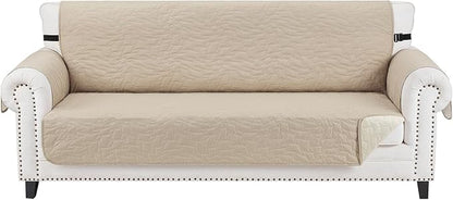 CUCRAF Non Slip Quilted Sofa Cover, Water Resistant Slipcover Furniture Protector for 3 Cushion Sofa Pet Friendly, Washable Couch Cover with Adjustable Elastic Straps (Large, Beige)