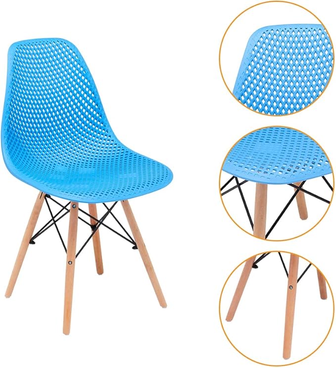 CangLong Dining Mid Century Modern Hollow Back Design Plastic Shell Armless Side Chair with Beech Wood Legs, Set of 2, Blue 1