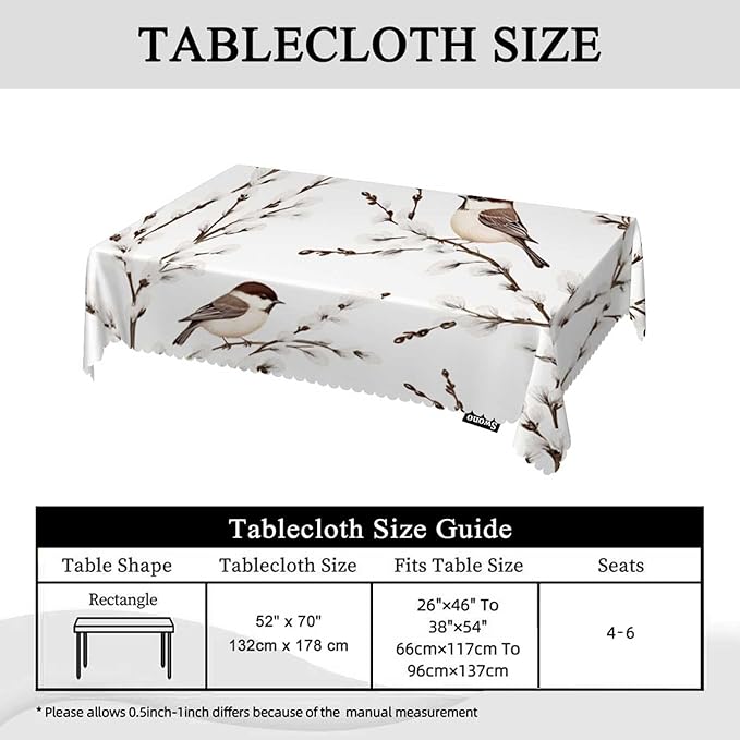 Swono Bird Tablecloth Willow Branches and Birds Chickadee Decorative Oblong Table Cover for Kitchen, Dining, Party Banquet and Holiday Tablecloth, 52x70 Inch(4-6 Seats)