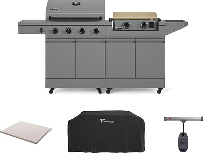 Tytus Anaheim 4-Burner Gas Grill with Prep Cart and Gas Griddle + Cover, Light, Baking Stone - Modular Outdoor Kitchen, Quick Assembly, Outdoor Cooking, Kitchen Island for BBQ