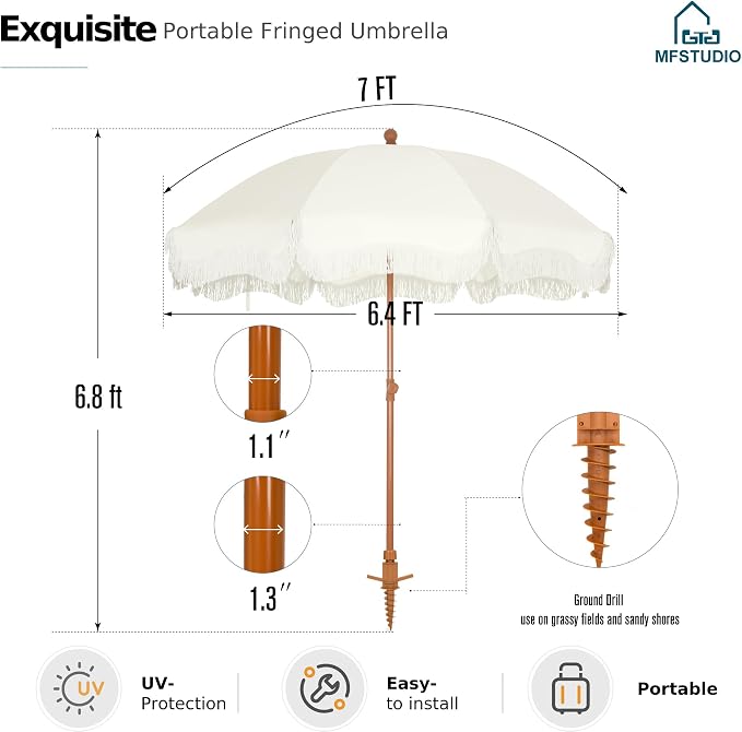 MFSTUDIO 7ft Patio Beach Umbrella with Fringe, Tassel Umbrellas UPF50+ with Sand Anchor & Tilt Button, Holiday Outdoor Umbrella with Carry Bag, Ideal for Garden Lawn Poolside, Ivory