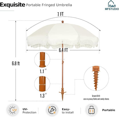 MFSTUDIO 7ft Patio Beach Umbrella with Fringe, Tassel Umbrellas UPF50+ with Sand Anchor & Tilt Button, Holiday Outdoor Umbrella with Carry Bag, Ideal for Garden Lawn Poolside, Ivory