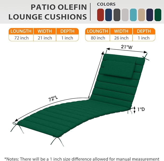 Sundale Outdoor Olefin Quilted Lounge Cushion Set of 2, Patio Foldable Chaise Lounger Cushion, Water-Resistant Lounge Chair Pad with Straps Dark Green, 72 x 21 inches