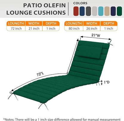 Sundale Outdoor Olefin Quilted Lounge Cushion Set of 2, Patio Foldable Chaise Lounger Cushion, Water-Resistant Lounge Chair Pad with Straps Dark Green, 72 x 21 inches