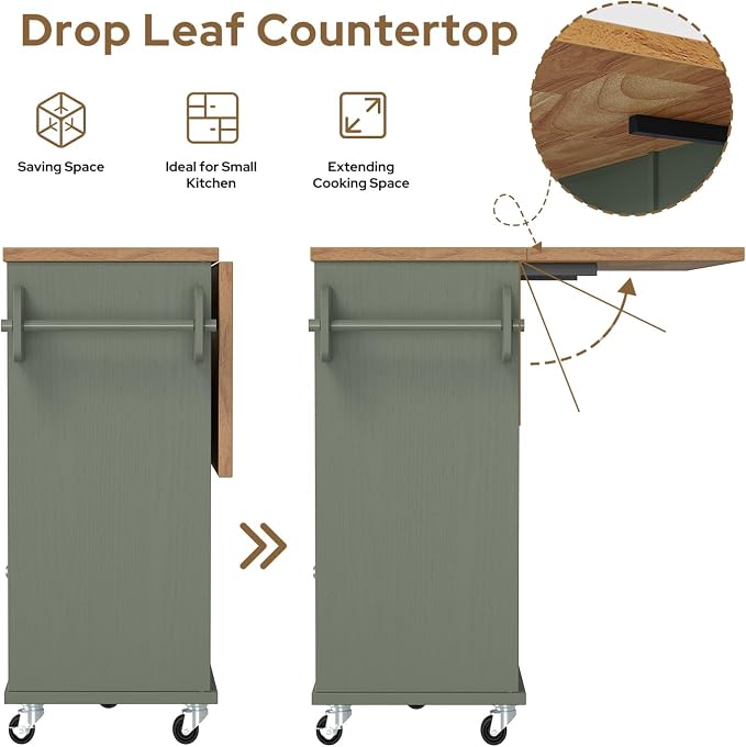 knoworld Rolling Kitchen Island with Storage Cabinet, 41.3'' Width Kitchen Cart with Desktop Drop Leaf Countertop, Portable Mobile Island with Towel Rack, Spice Rack Shelf and Lockable Wheels, Green