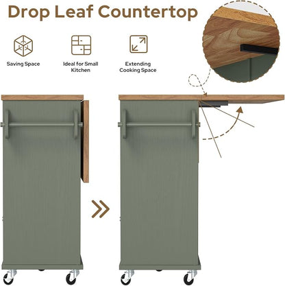 knoworld Rolling Kitchen Island with Storage Cabinet, 41.3'' Width Kitchen Cart with Desktop Drop Leaf Countertop, Portable Mobile Island with Towel Rack, Spice Rack Shelf and Lockable Wheels, Green