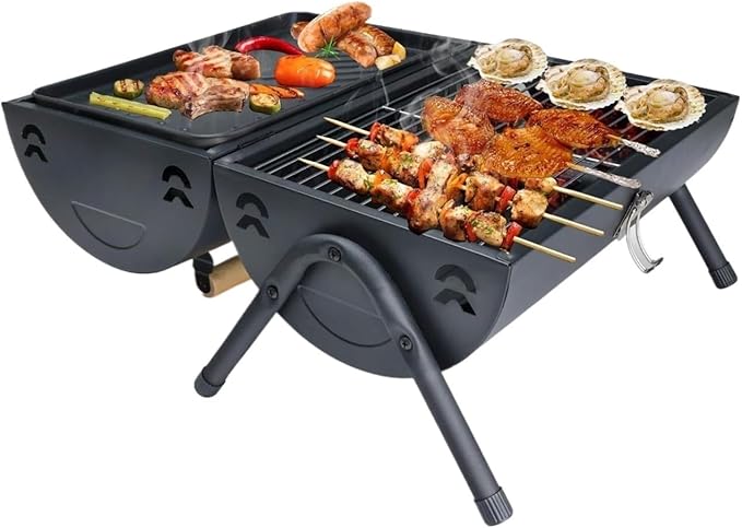 Barbecue Charcoal Grill Portable Double Side Charcoal Grill Outdoor Tabletop Barbecue Grill BBQ Grill for Cooking Charcoal BBQ Grill(Black)