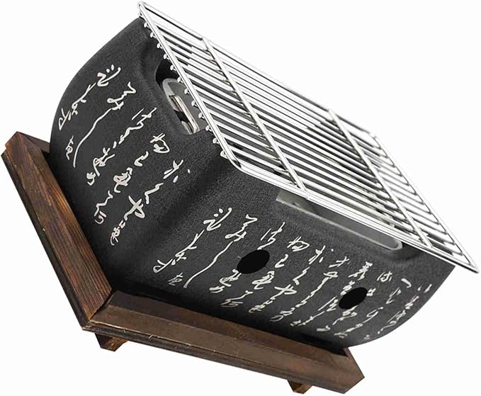 Japanese BBQ Grill Portable Charcoal Stove, Stainless Steel Grilling Net with Insulated Wooden Tray, Small Hibachi Yakitori Grill for Indoor Outdoor Barbecue