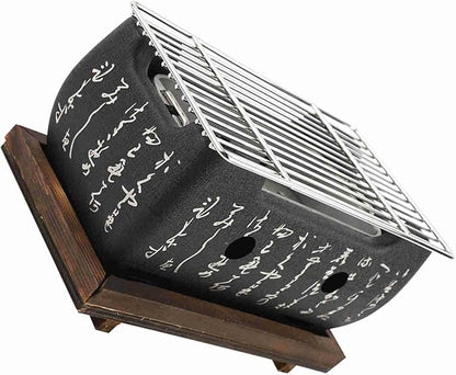 Japanese BBQ Grill Portable Charcoal Stove, Stainless Steel Grilling Net with Insulated Wooden Tray, Small Hibachi Yakitori Grill for Indoor Outdoor Barbecue