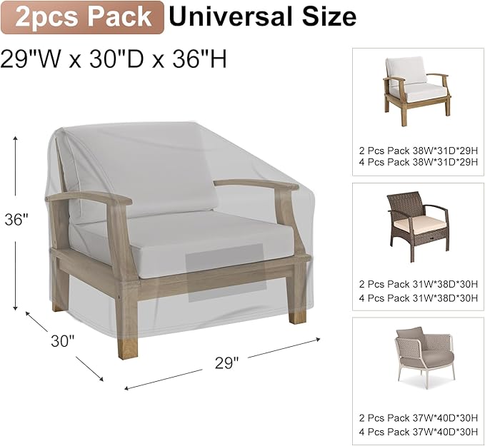 Mrrihand Patio Chair Covers, Lounge Deep Seat Cover, Heavy Duty Outdoor Lawn Patio Furniture Covers (29" W x 30" D x 36" H - 2 Pack)