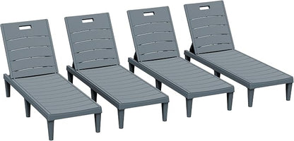 Greesum 4-Pack Adjustable Chaise Lounges, Grey | 5-Pos Recline, Waterproof PP, UV-Resist, Easy-Clean, for Pool/Patio/Beach, Tool-Free