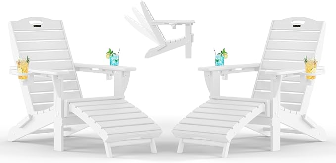 Adjustable Adirondack Chairs Set of 2 with Retractable Ottoman, HDPE Folding Adirondack Chair with Cup Holders, Weather Resistant for Backyard, Poolside & Fire Pit (White)