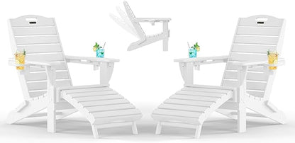 Adjustable Adirondack Chairs Set of 2 with Retractable Ottoman, HDPE Folding Adirondack Chair with Cup Holders, Weather Resistant for Backyard, Poolside & Fire Pit (White)