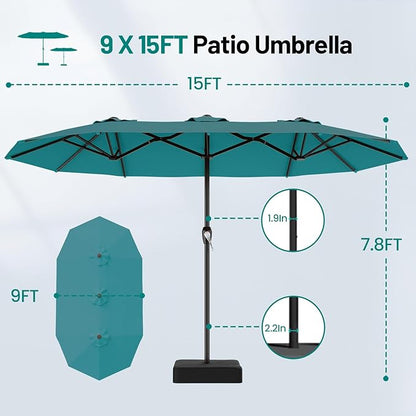 AreShark 15FT Outdoor Patio Umbrella with Crank, Large Rectangular Market Umbrella, Double-Sided Outdoor Umbrellas with Cross Base & Sandbag for Porch, Lawn, Pool, Backyard, Lake Blue