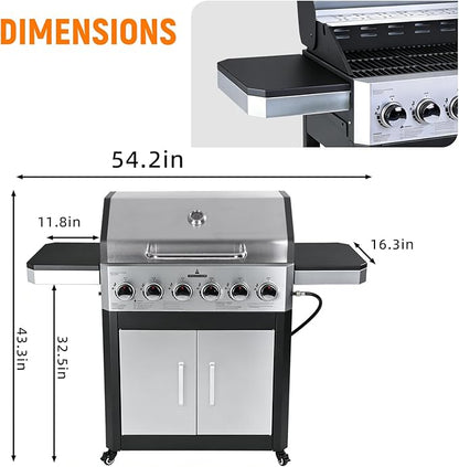Redlife 6 Burner Propane Gas Grill, 60,000 BTU Outdoor BBQ Grill with Cast Iron Cooking Grates, Stainless Steel Warming Rack, Built-in Thermometer, Electronic Ignition, Side Shelves, Storage Cabinet