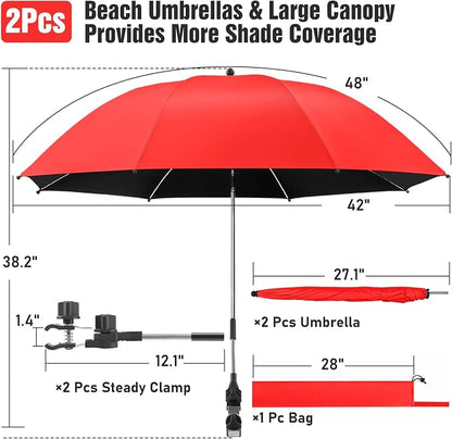 2 PACK Beach Umbrella with Clamp, 360 ° Adjustable Umbrellas for Chair, UPF50+ Umbrella for Beach Chair, Patio Chair, Wheelchair, Camping Chair, Golf Carts (Chair Not Included)
