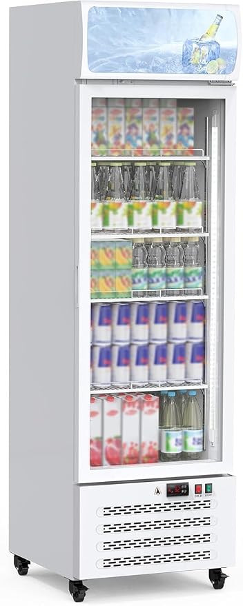 11.3 Cu.Ft Commercial Display Refrigerator, Glass Door Beverage Cooler with Adjustable Shelves, LED Lighting & Advertising Panel, Mobile Design, White